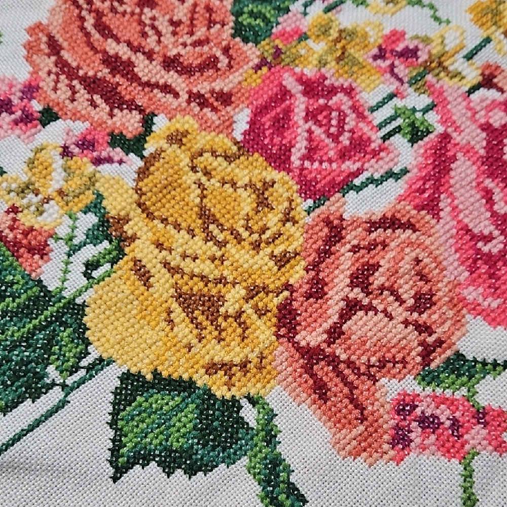 Vintage Handmade Cross-stitched Floral Table Runner Table Topper - Picture 5 of 8